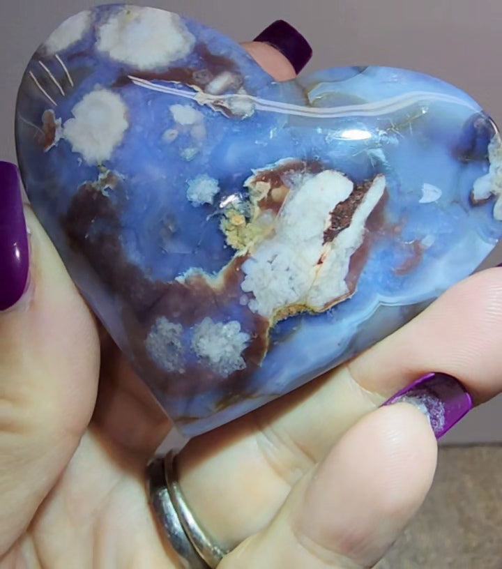 Blue Flower Agate Puff Heart