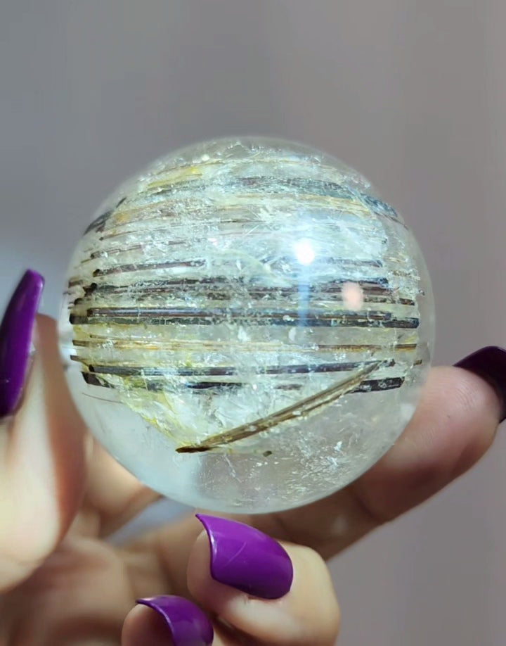 Clear Quartz with Copper & Gold Rutile and Tourmaline Sphere
