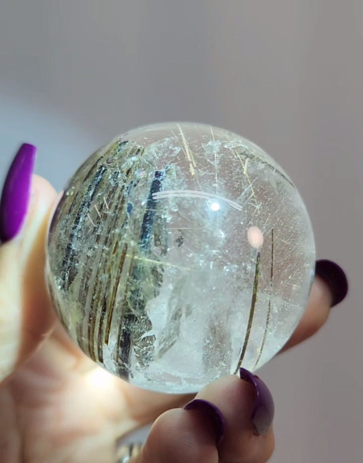 Clear Quartz with Copper & Gold Rutile and Tourmaline Sphere