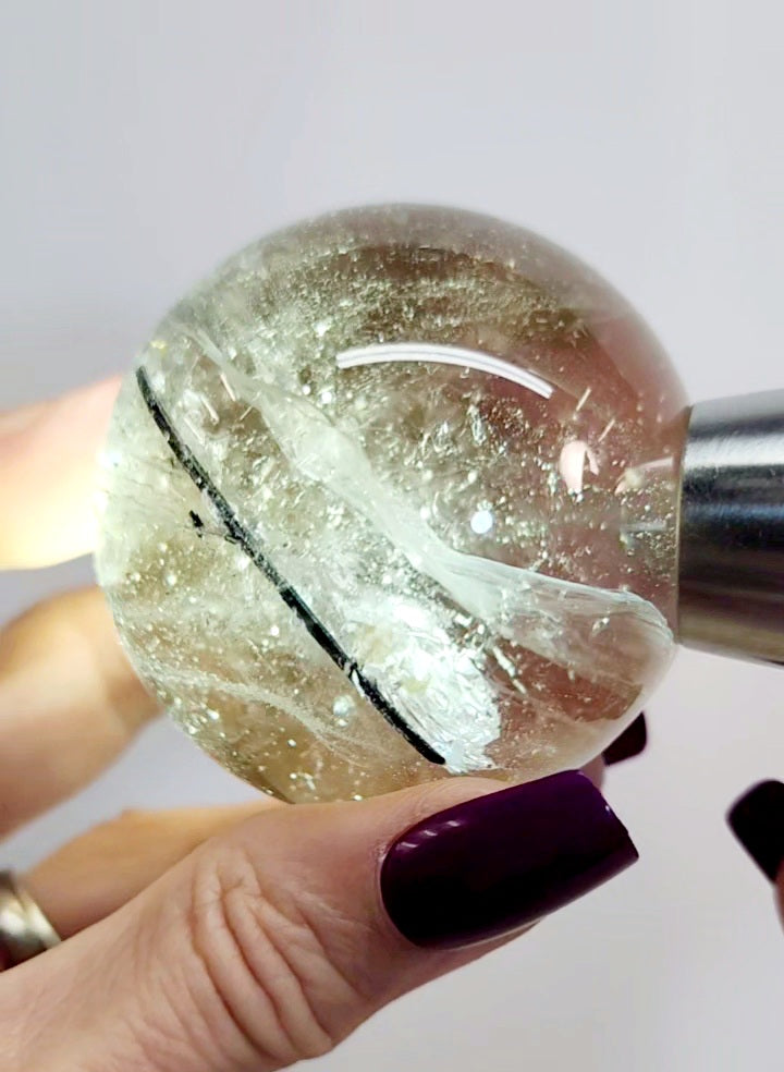 Clear Smoky Citrine Sphere with Black Tourmaline/ Rutile and White Phantom