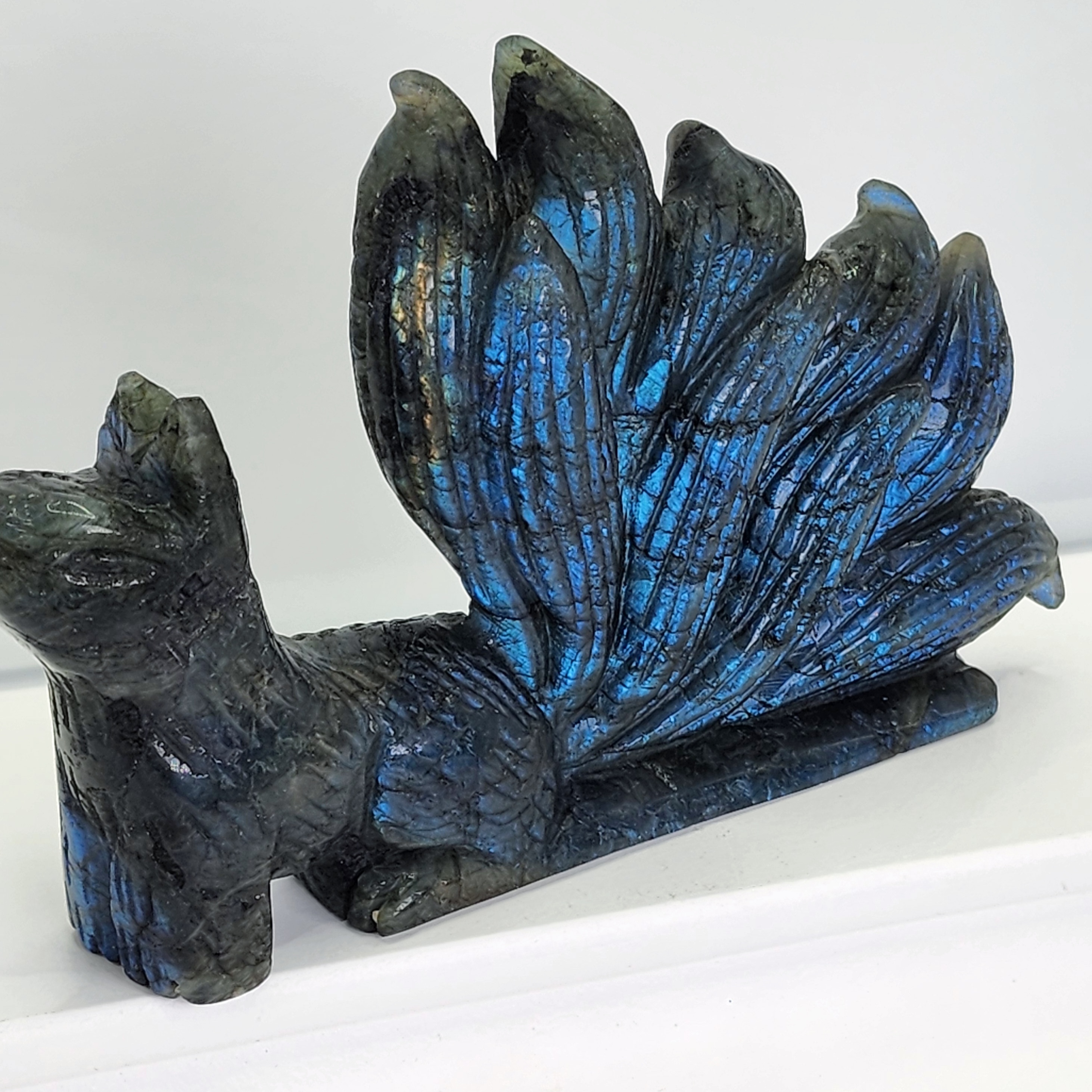 Labradorite, Labradorite carvings, blue flash, nine tail fox, crystals, fox carvings