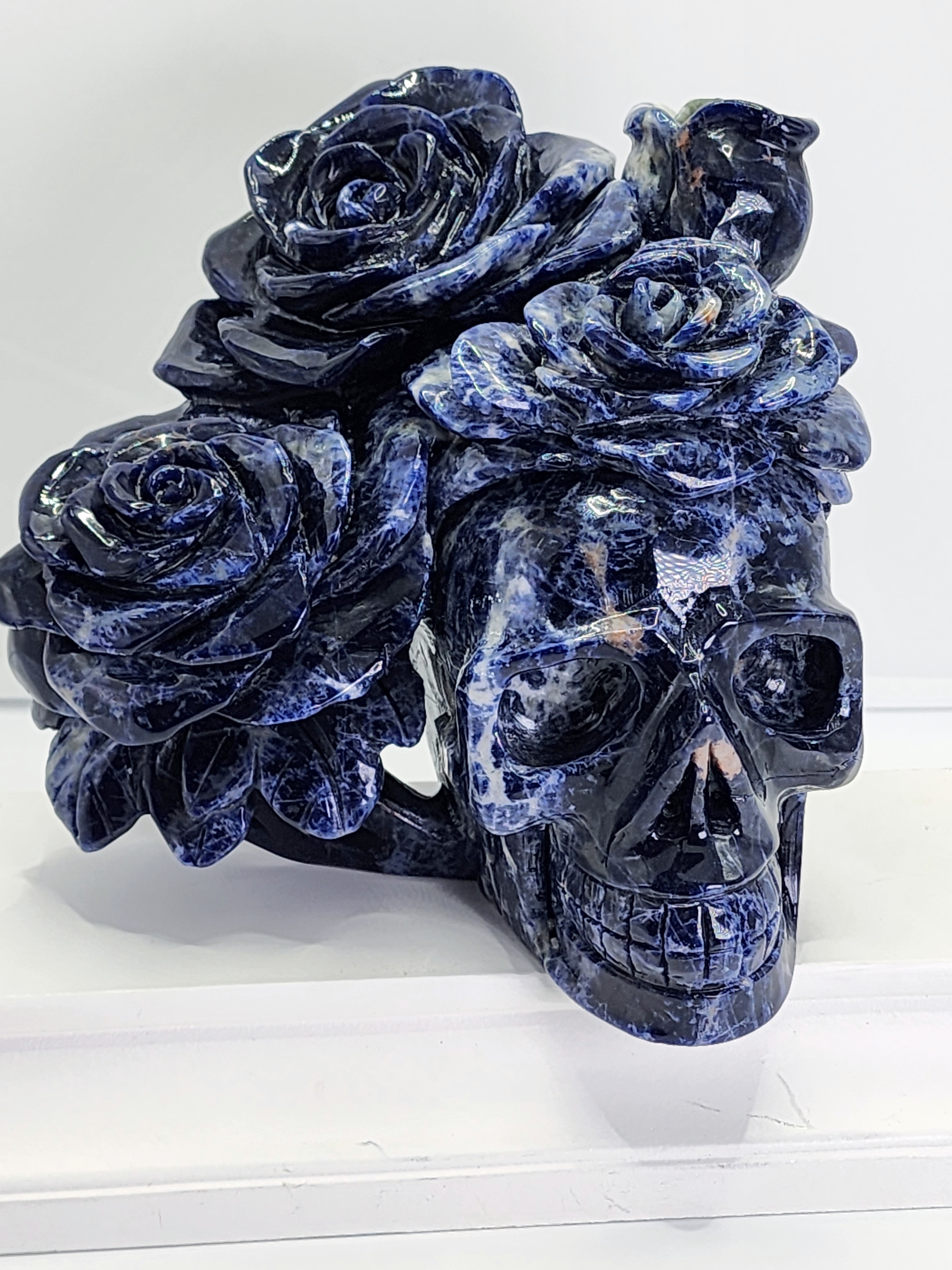 Sodalite, sodalite carving, skull carving, skull and roses, Large carvings, crystal carvings